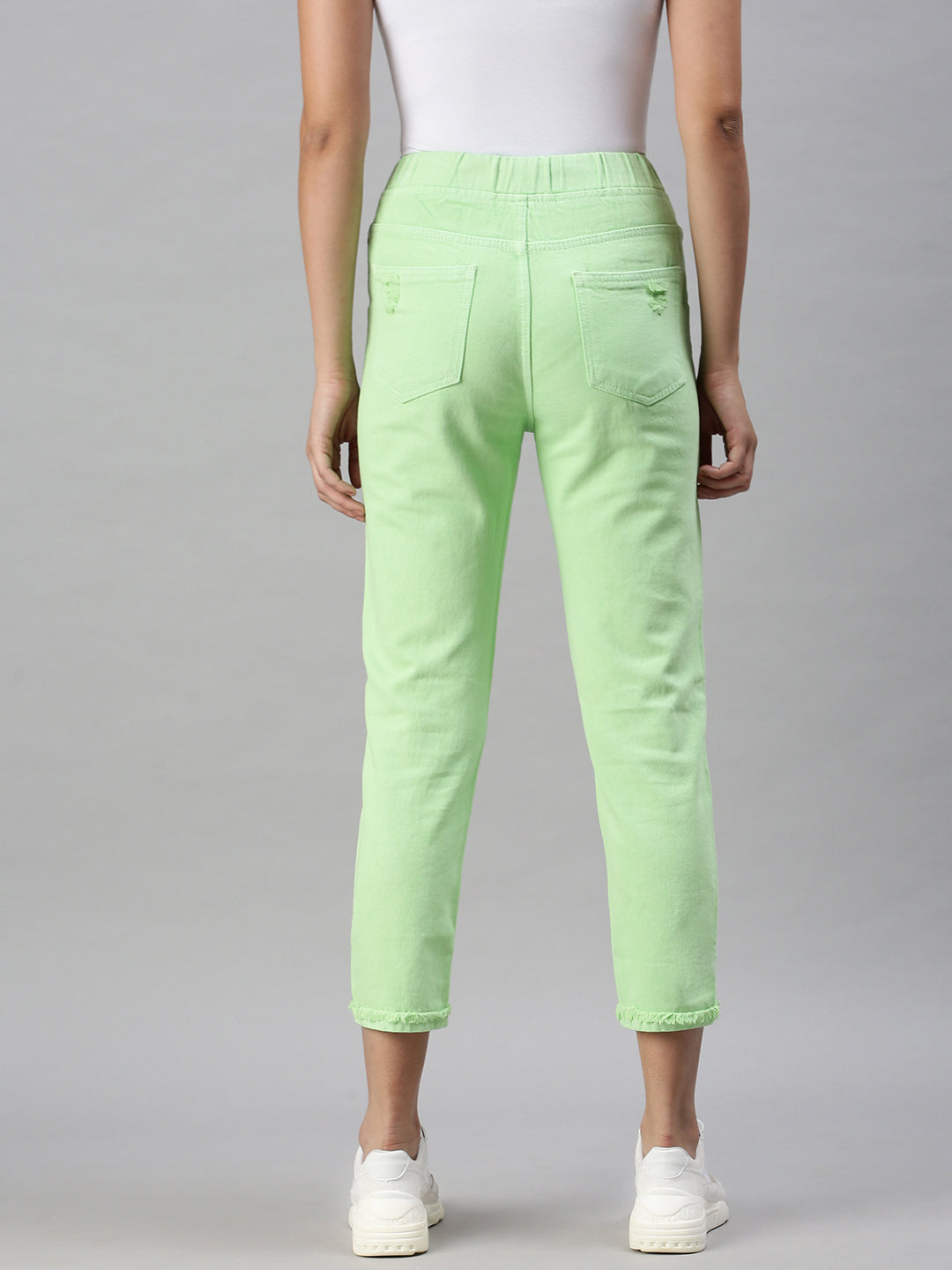 Women's Lime Green Cotton High-Rise Highly Distressed Elasticated Jogger Jeans