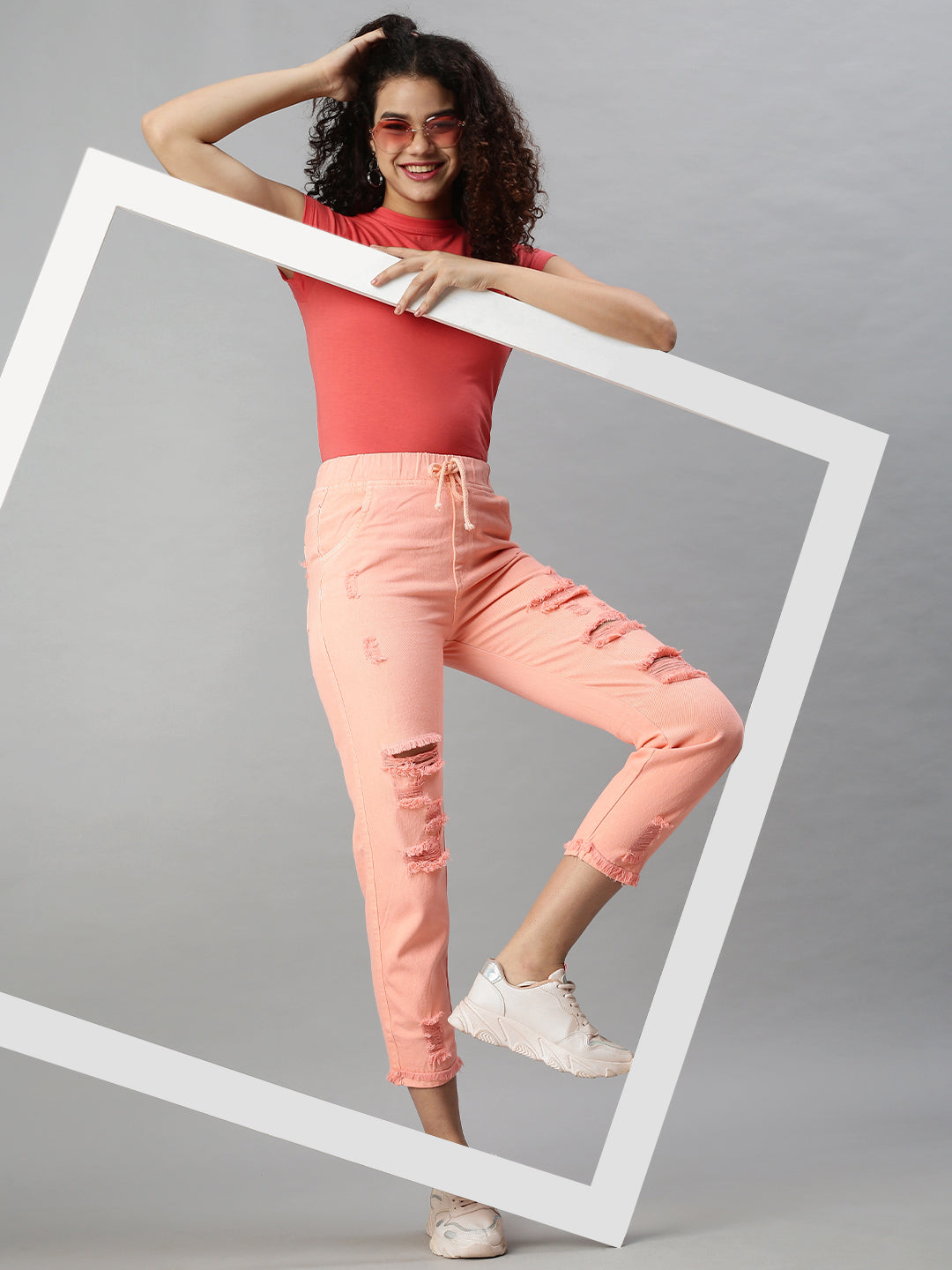 Women's Pink Jogger High-Rise Highly Distressed Jeans