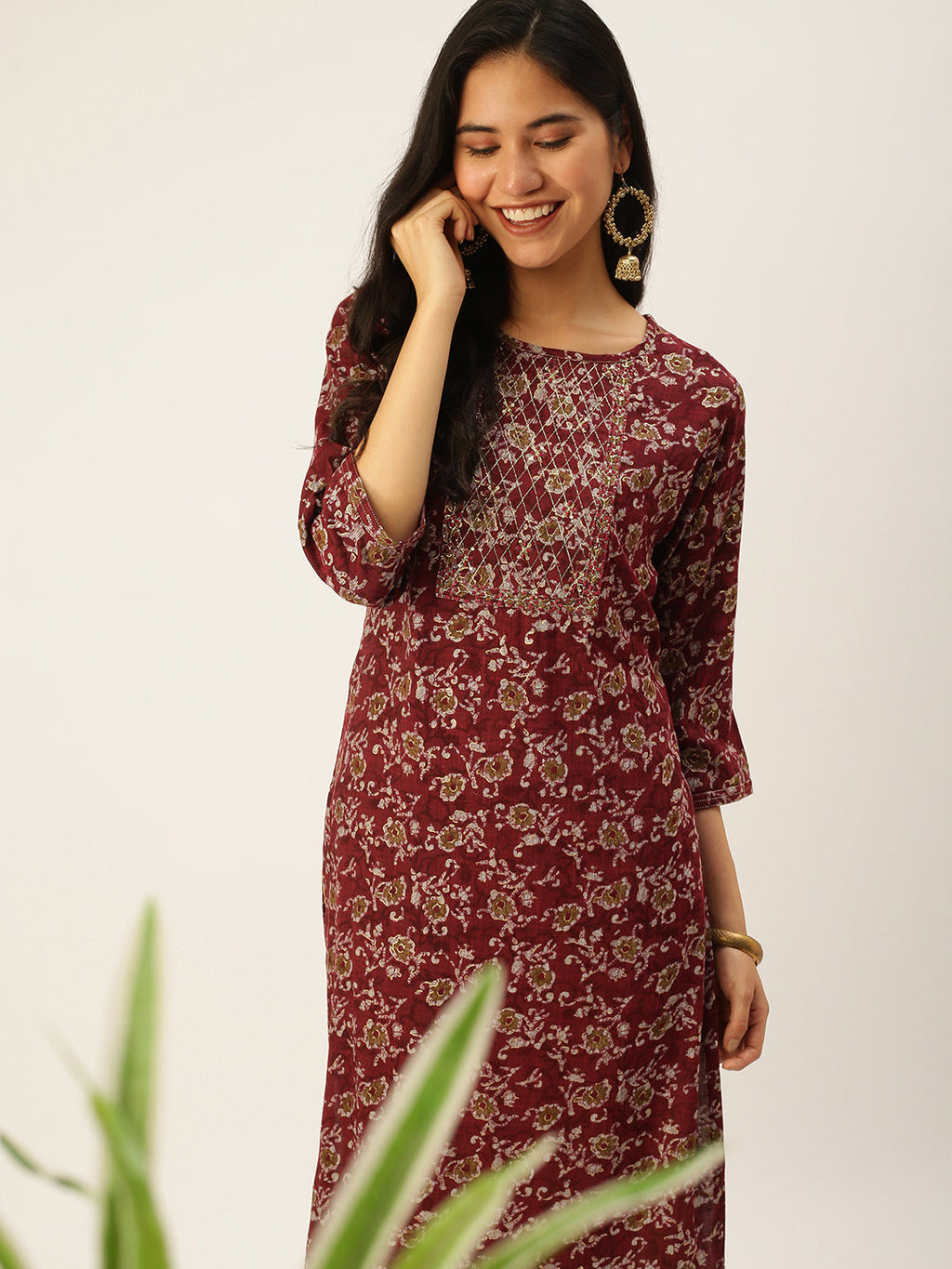 Women's Printed Maroon Straight Kurta