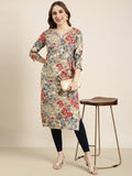 Women's Straight Beige Floral Kurta