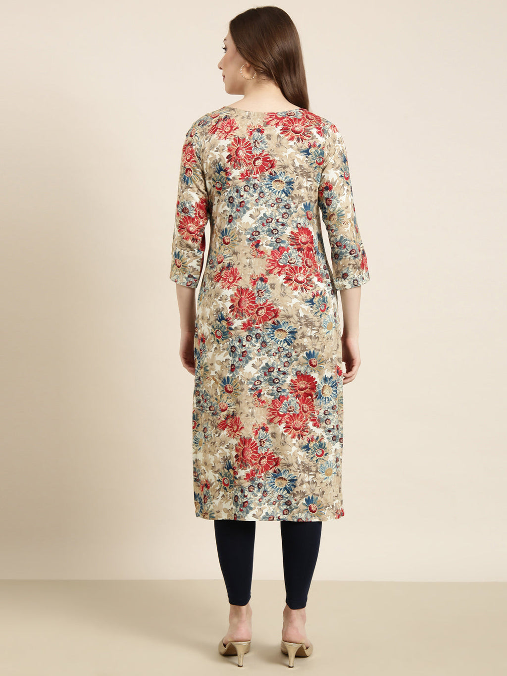 Women's Straight Beige Floral Kurta