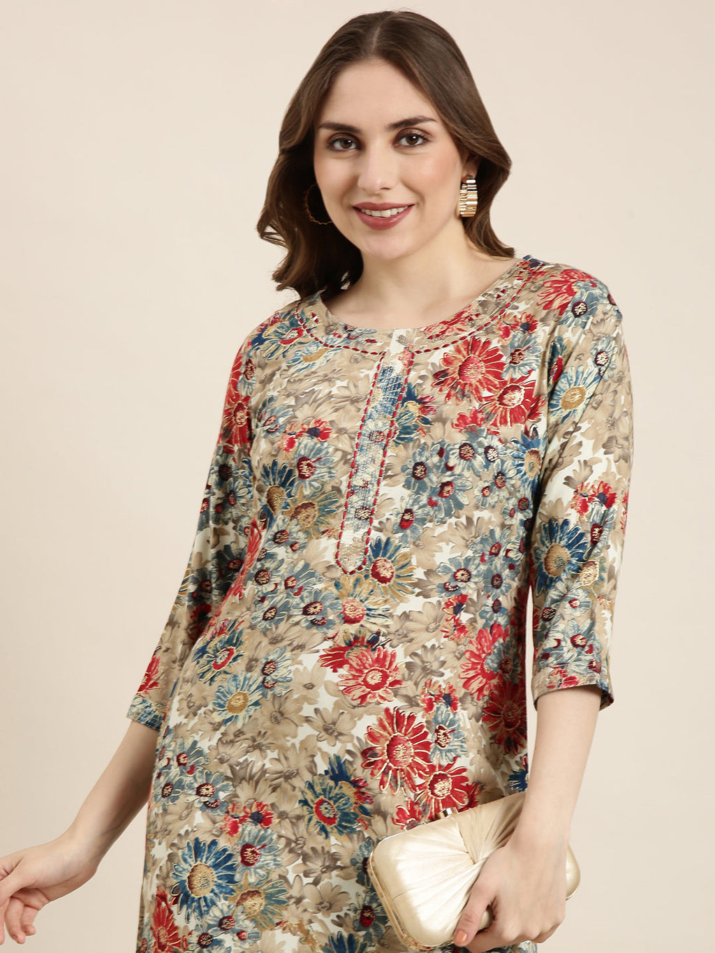 Women's Straight Beige Floral Kurta