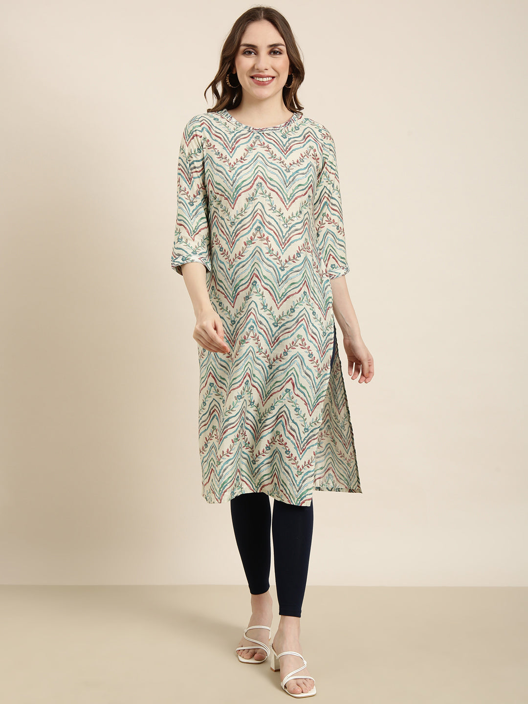 Women's Straight Beige Striped Kurta