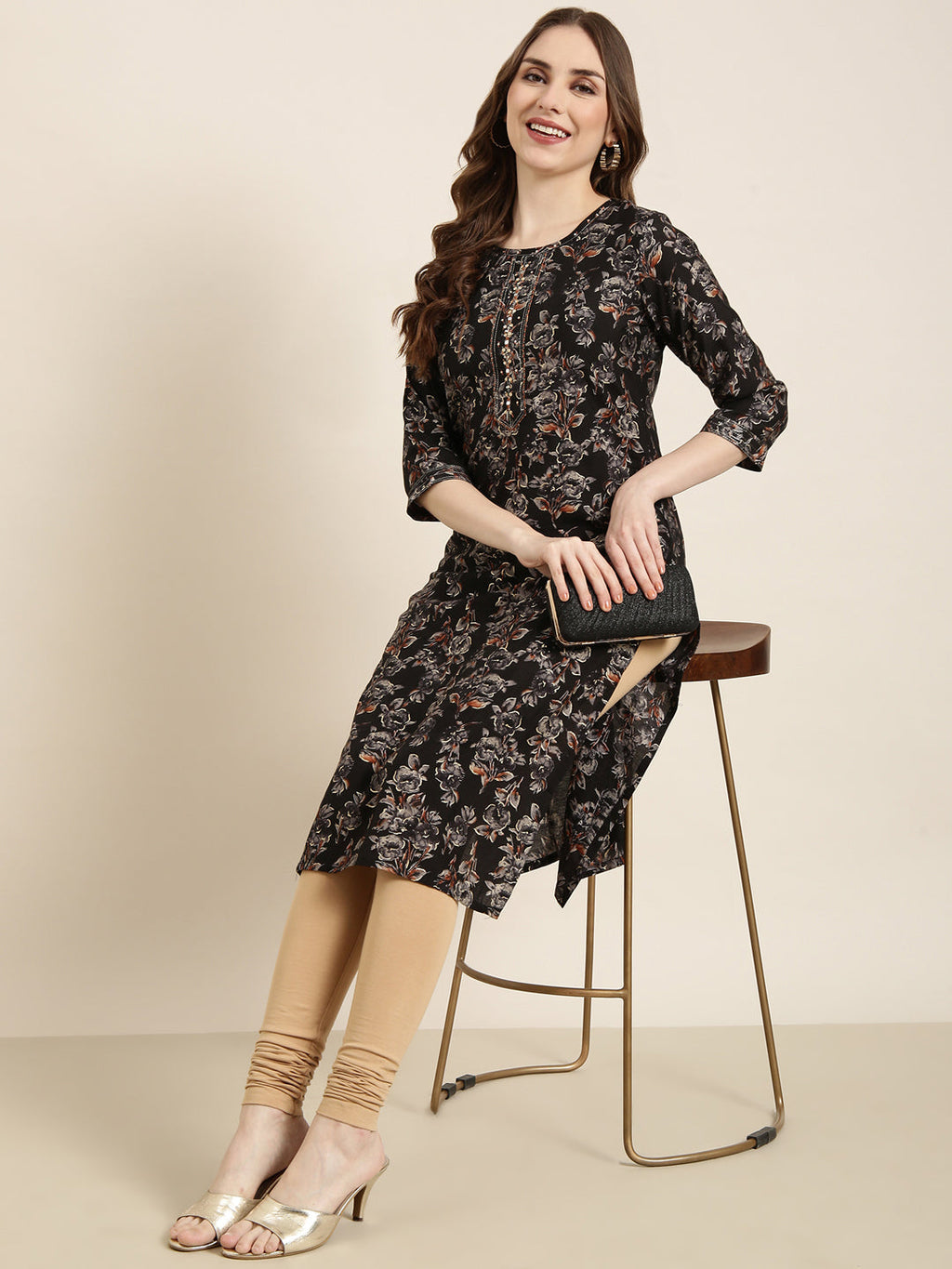 Women's Straight Black Floral Kurta