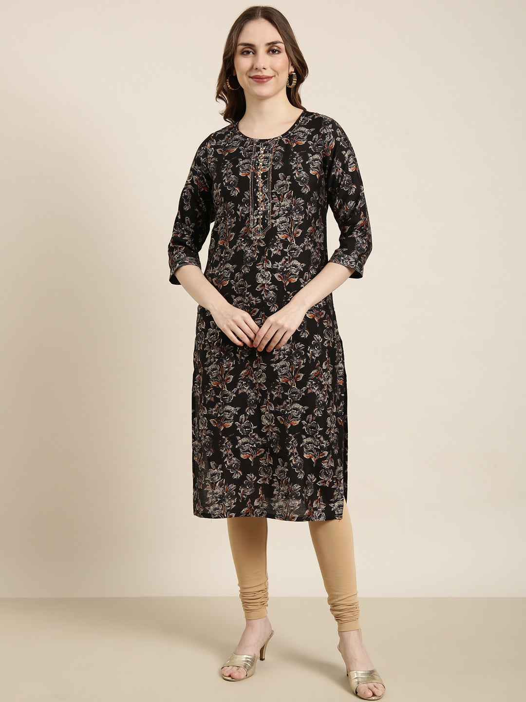 Women's Straight Black Floral Kurta