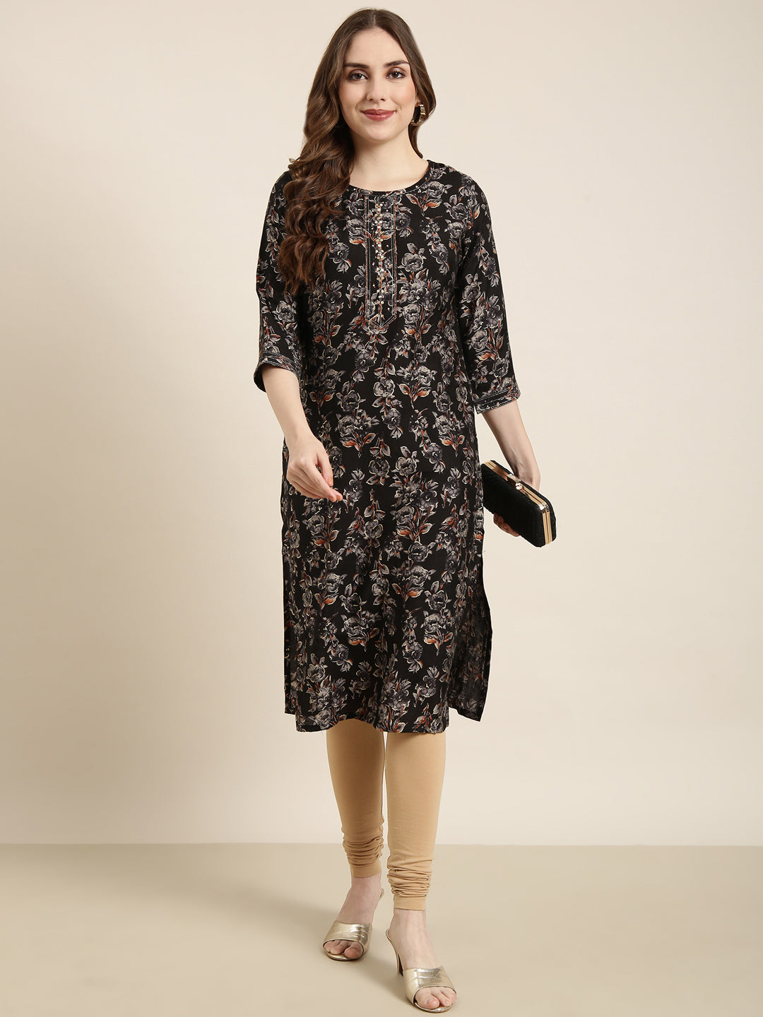 Women's Straight Black Floral Kurta