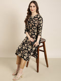 Women's Straight Black Floral Kurta