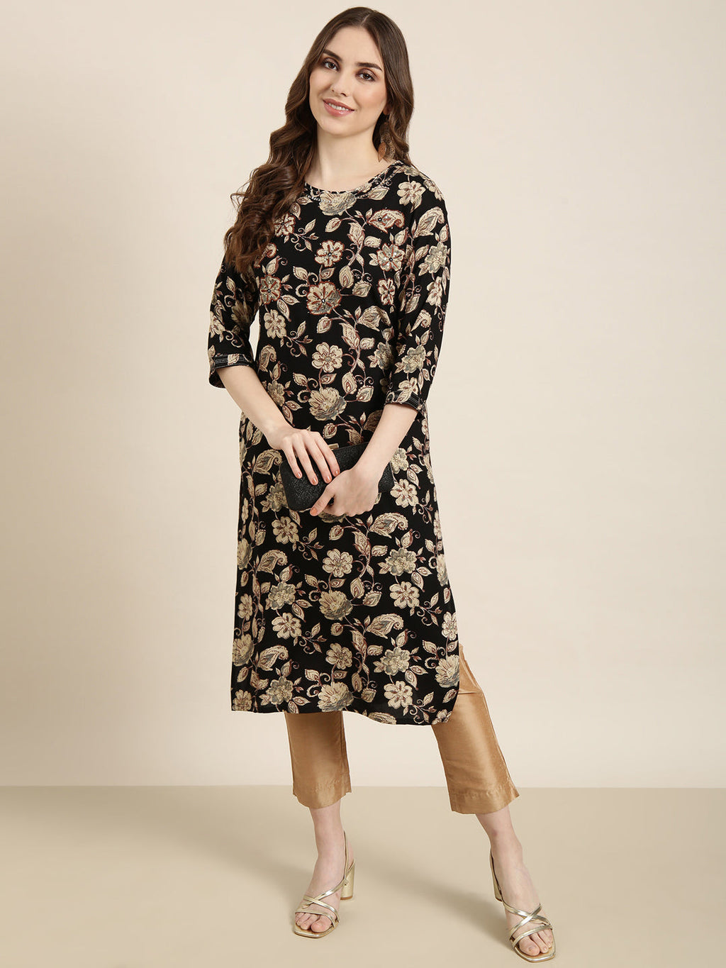 Women's Straight Black Floral Kurta