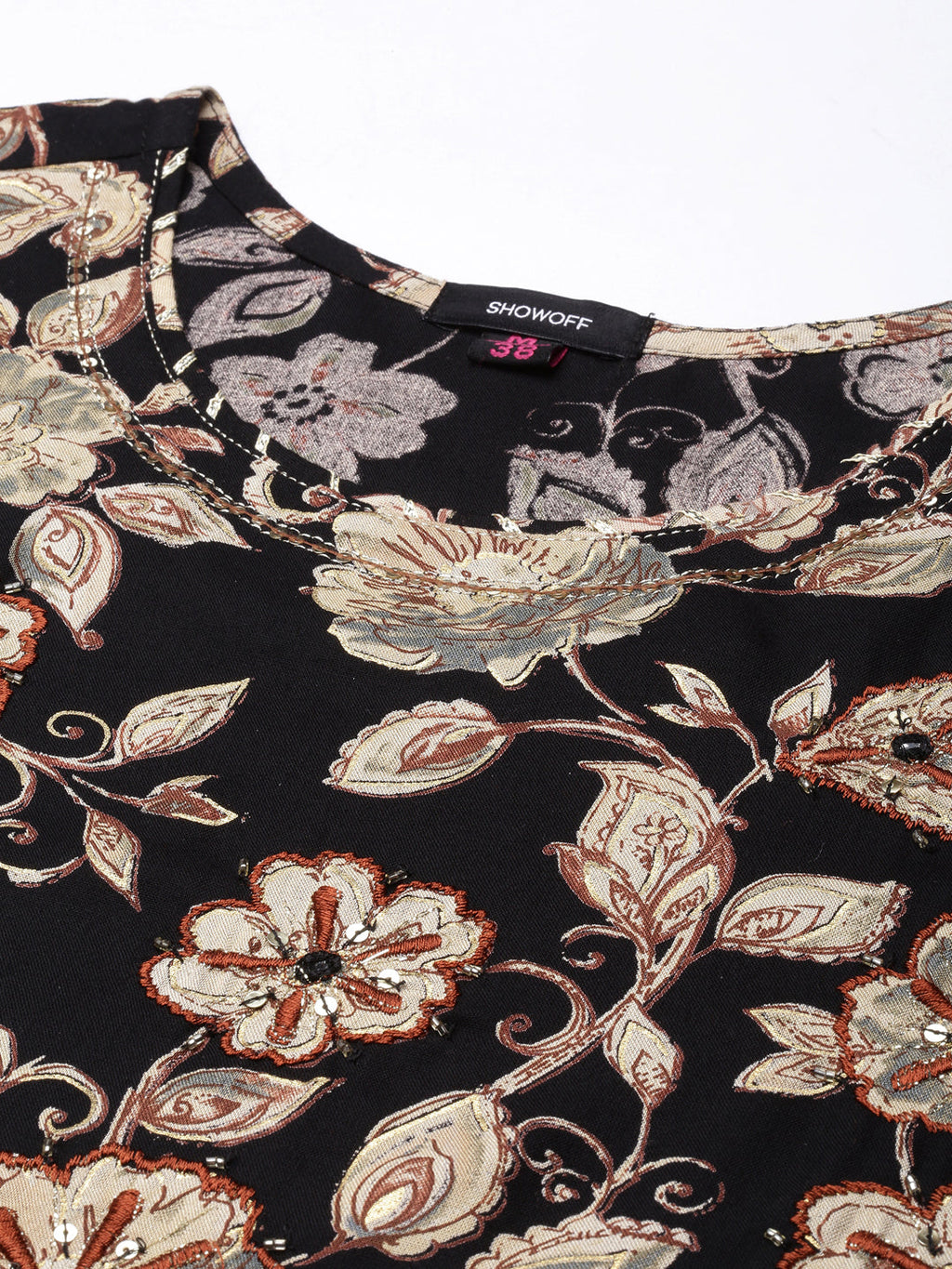 Women's Straight Black Floral Kurta