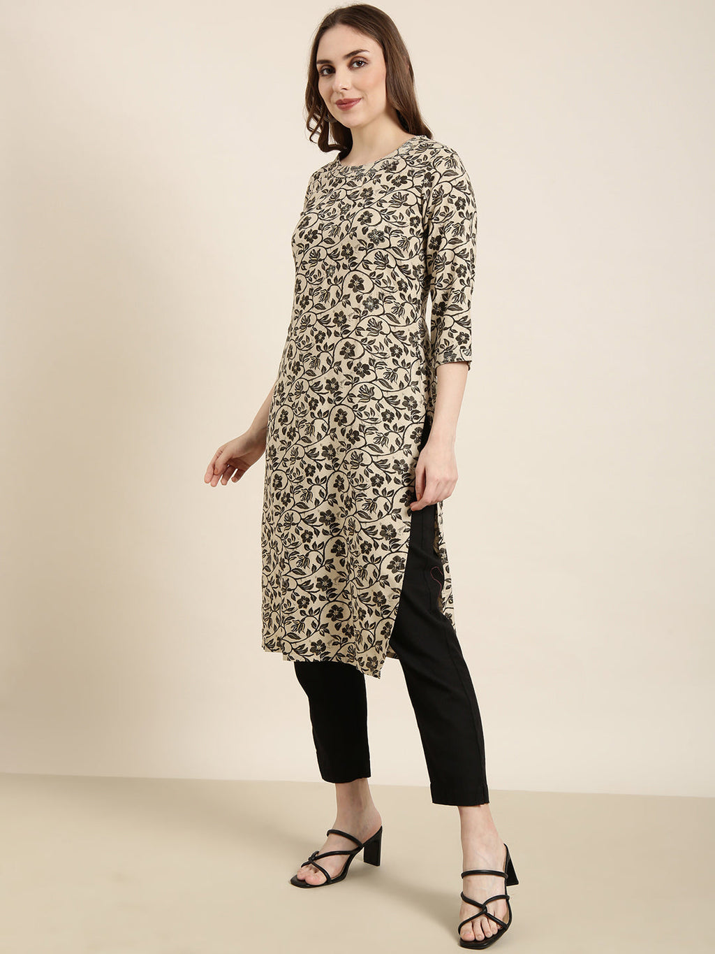 Women's Straight Beige Floral Kurta