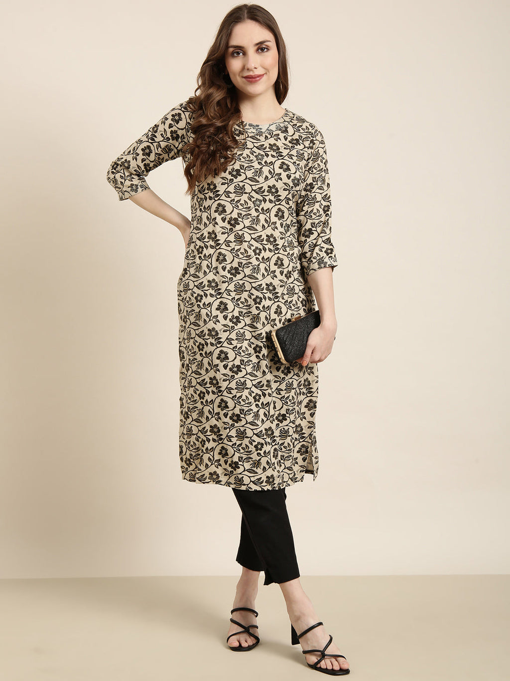 Women's Straight Beige Floral Kurta
