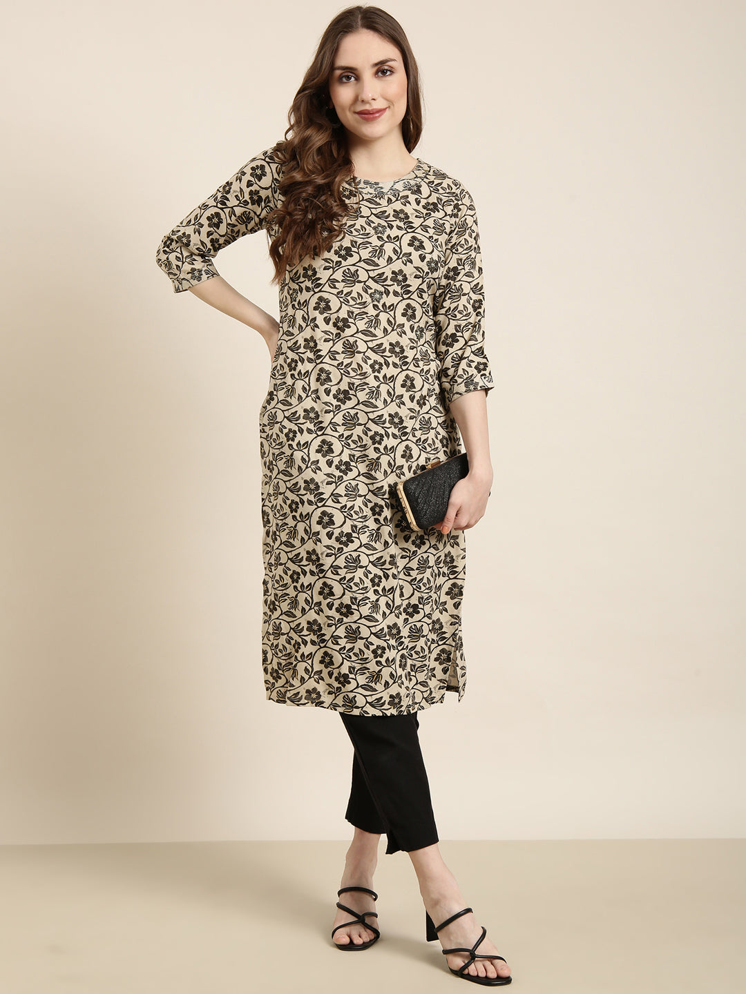 Women's Straight Beige Floral Kurta