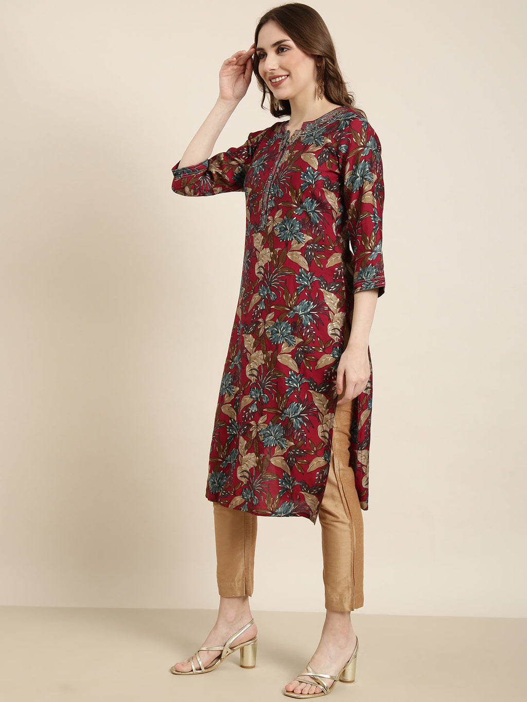 Women's Straight Maroon Floral Kurta