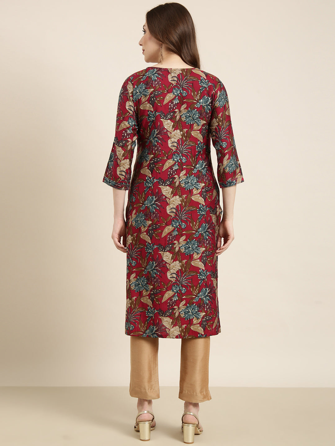 Women's Straight Maroon Floral Kurta