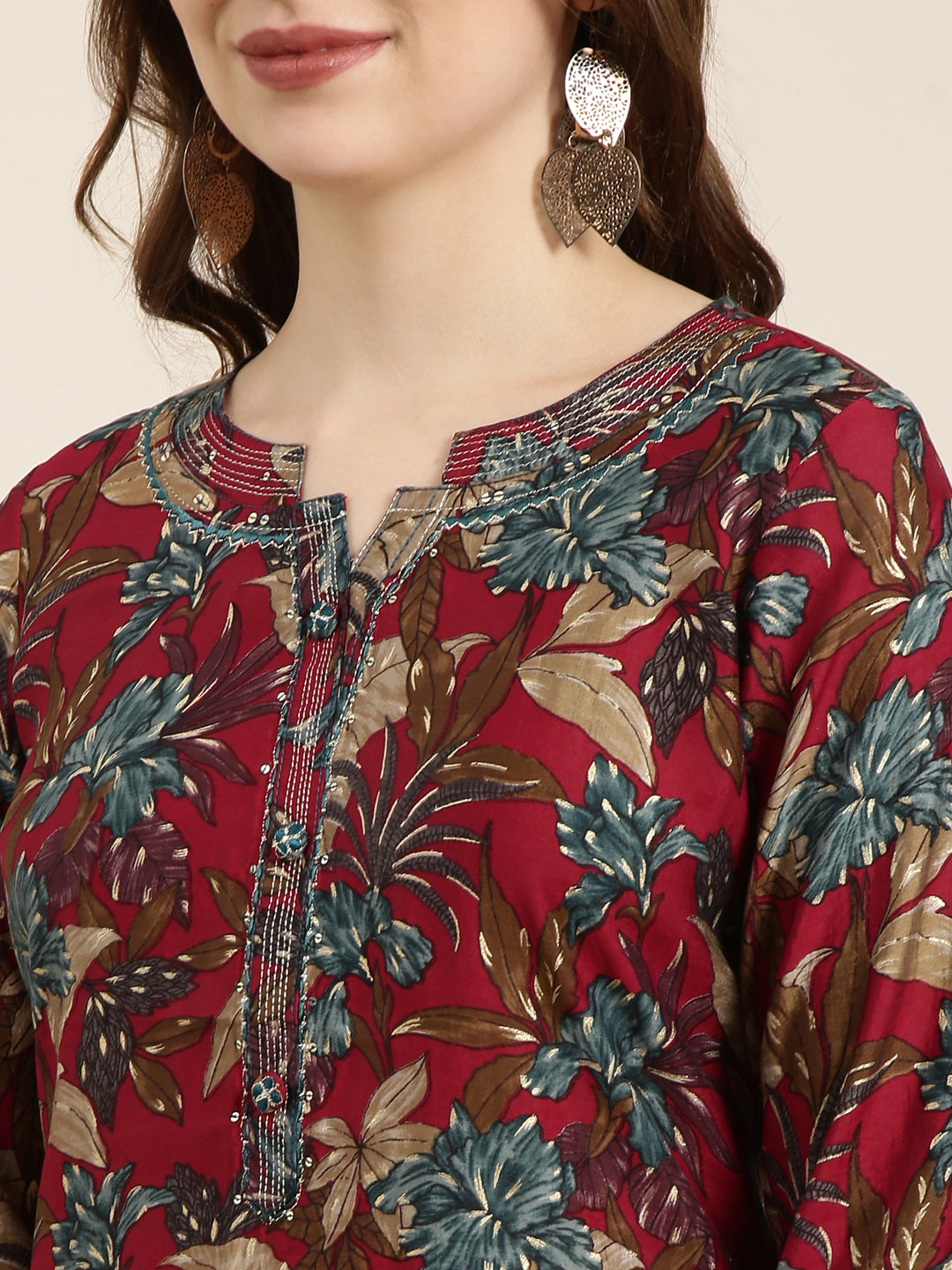 Women's Straight Maroon Floral Kurta