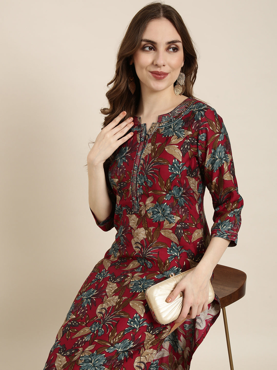 Women's Straight Maroon Floral Kurta