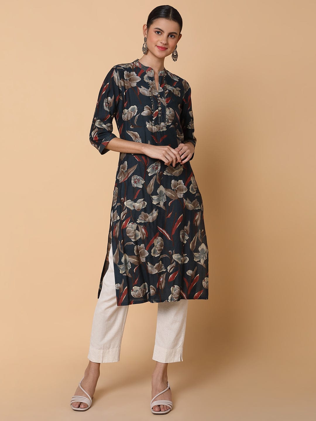 Women's Floral Teal Straight Kurta
