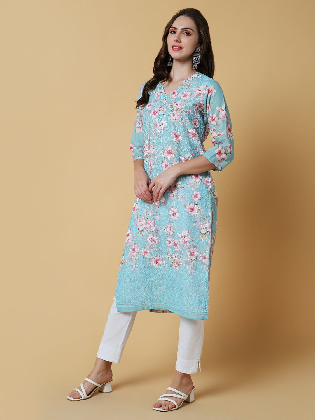 Women's Blue Floral Straight Kurta