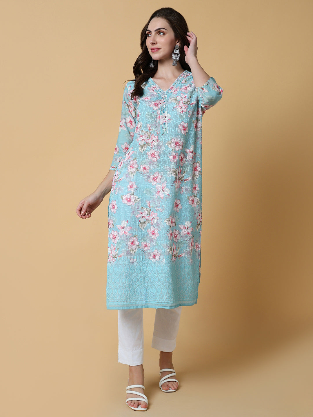 Women's Blue Floral Straight Kurta