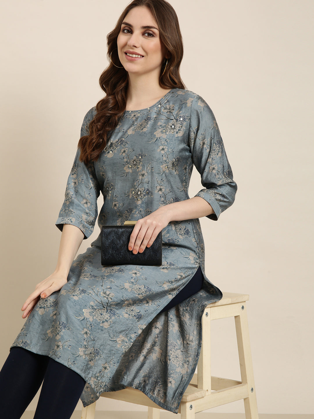 Women's Straight Blue Floral Kurta