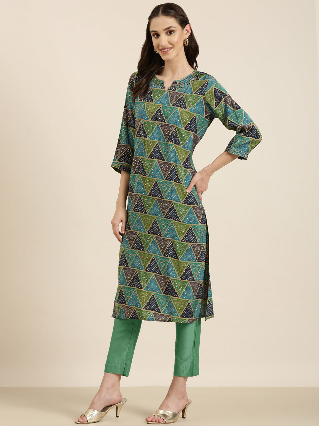 Women's Multi Geometric Printed Mirror Work Straight kurta