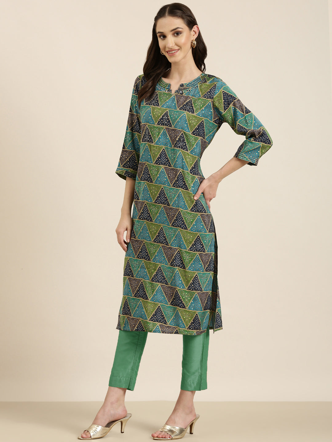 Women's Multi Geometric Printed Mirror Work Straight kurta