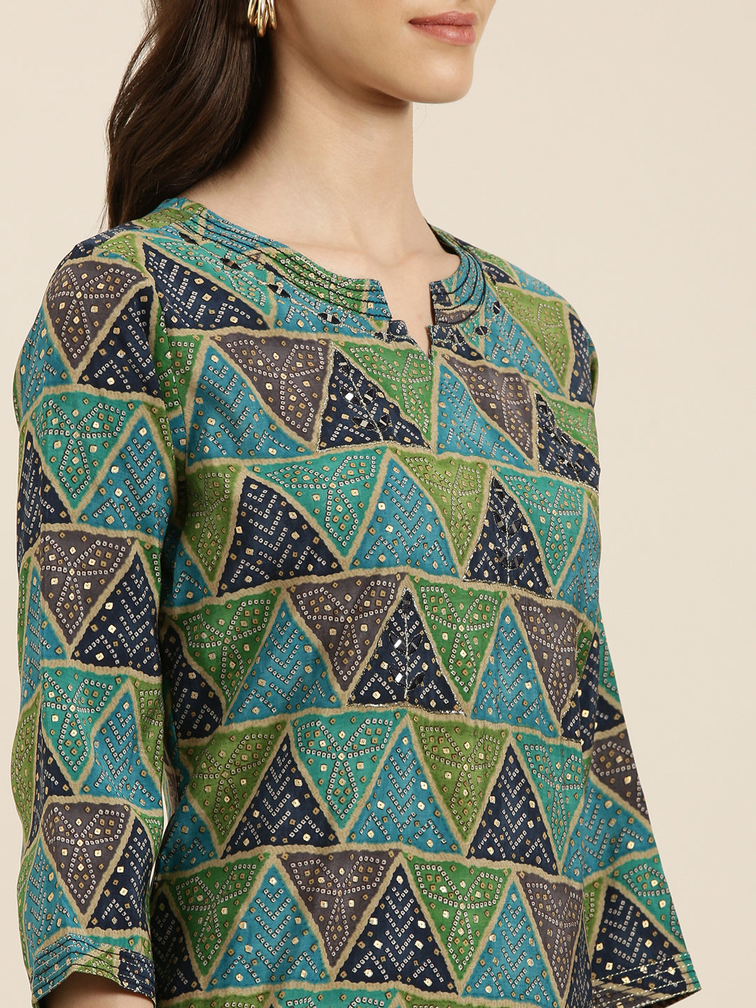 Women's Multi Geometric Printed Mirror Work Straight kurta