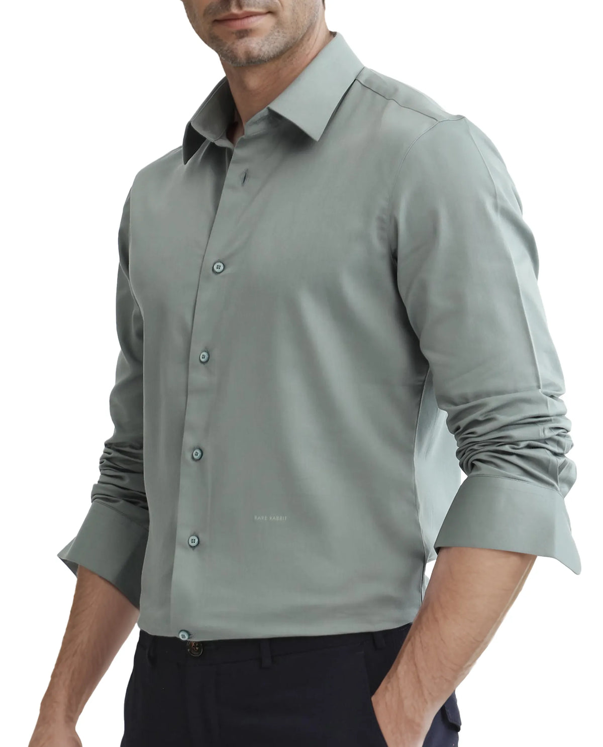 Rare Rabbit Men's Holla-25 Dusky Green Cotton Blend Plain Regular Fit Full Sleeve Collared Shirt