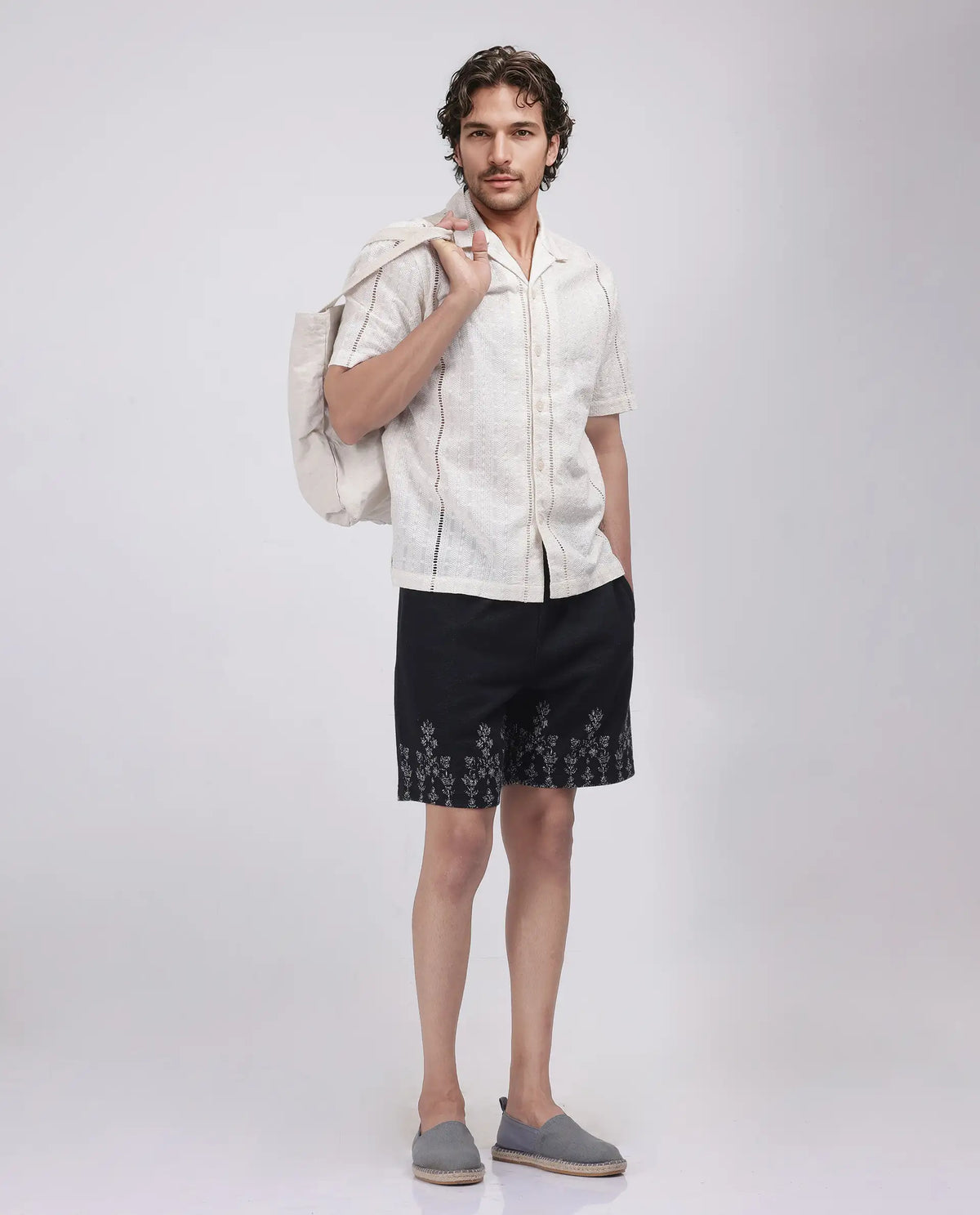 Rare Rabbit Men's Horob Black Cotton Blend Jacquard Regular Fit Shorts