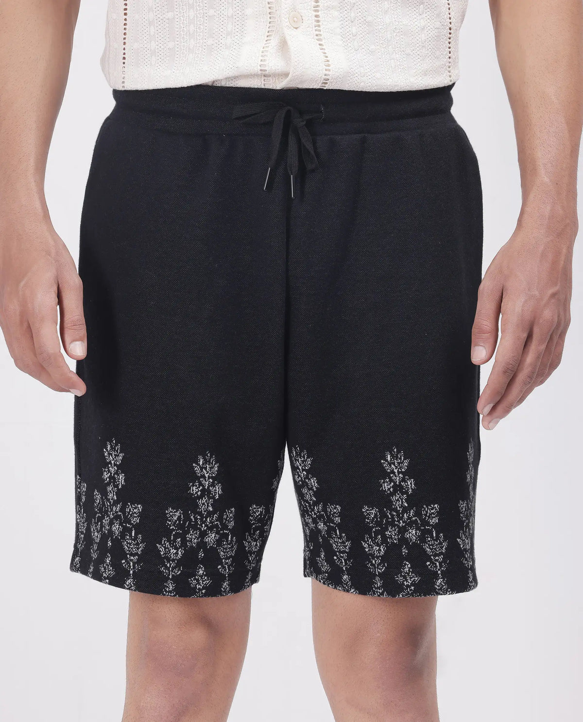 Rare Rabbit Men's Horob Black Cotton Blend Jacquard Regular Fit Shorts