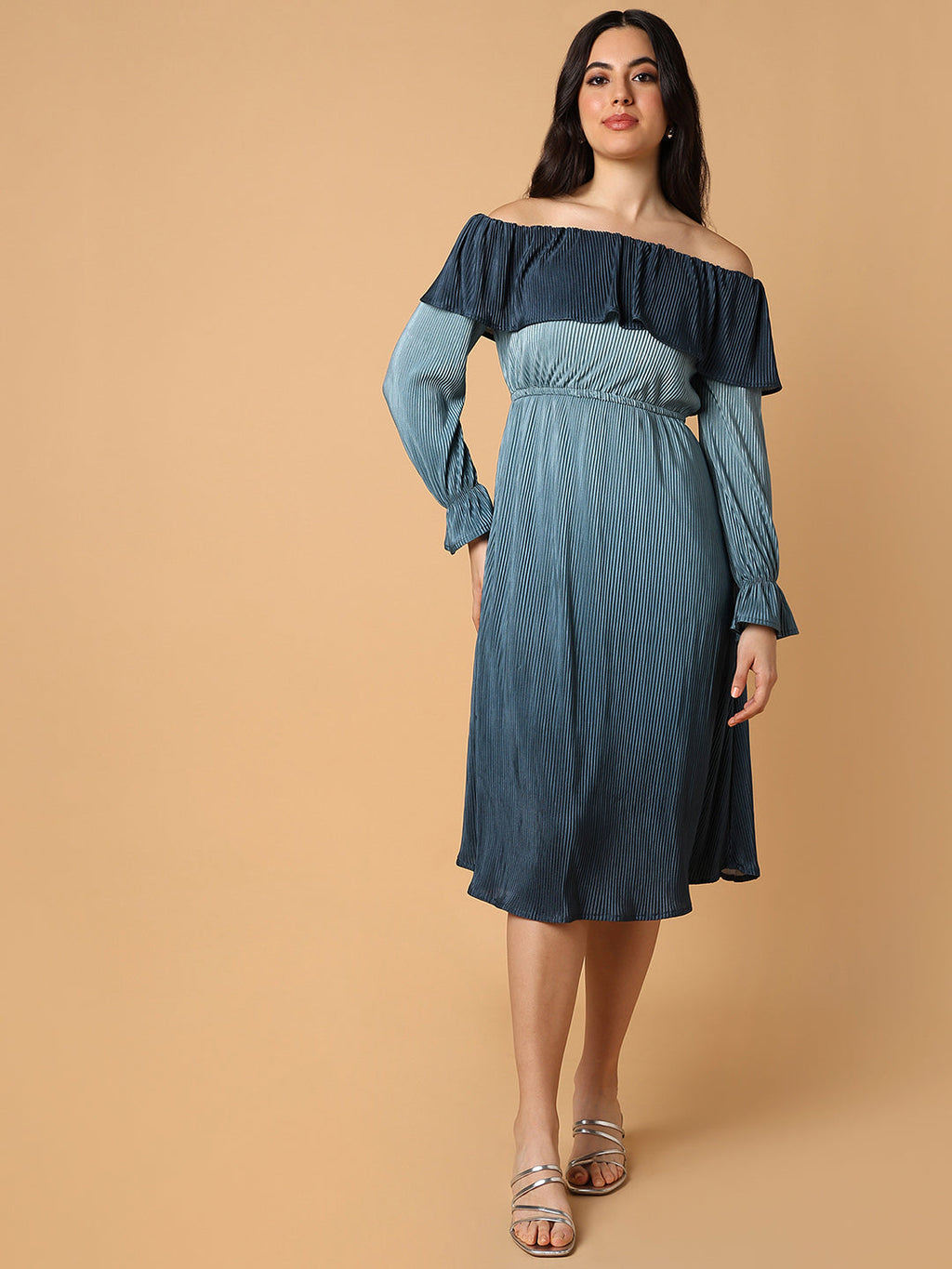 Women's Teal Off-Shoulder Accordion Pleats Satin Fit & Flare Midi Dress