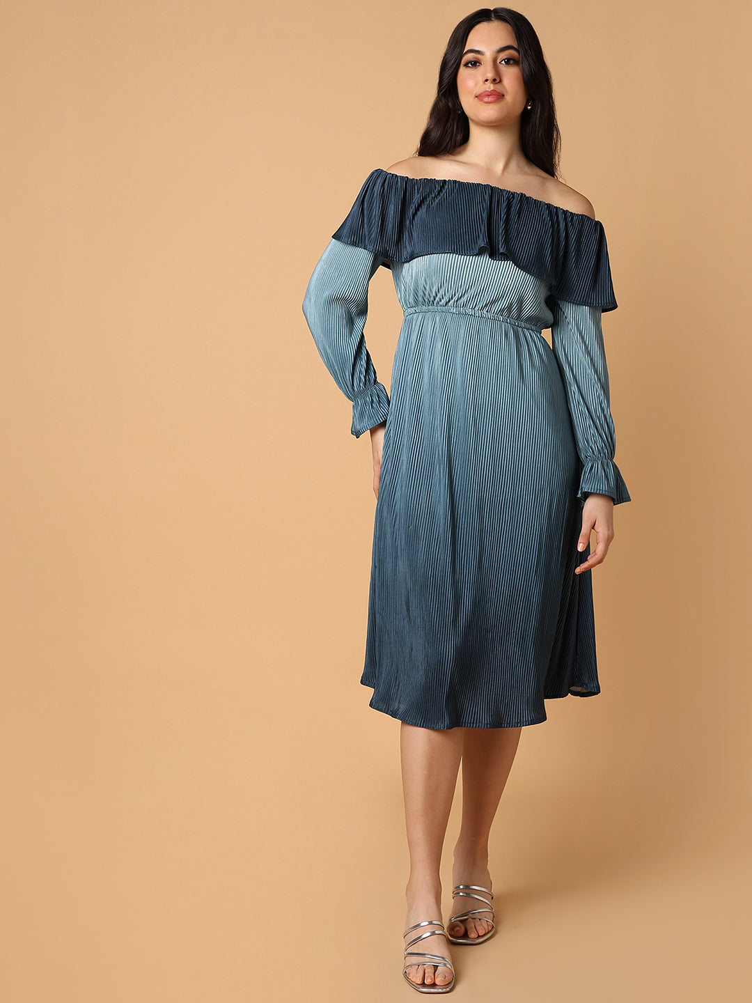 Women's Teal Off-Shoulder Accordion Pleats Satin Fit & Flare Midi Dress
