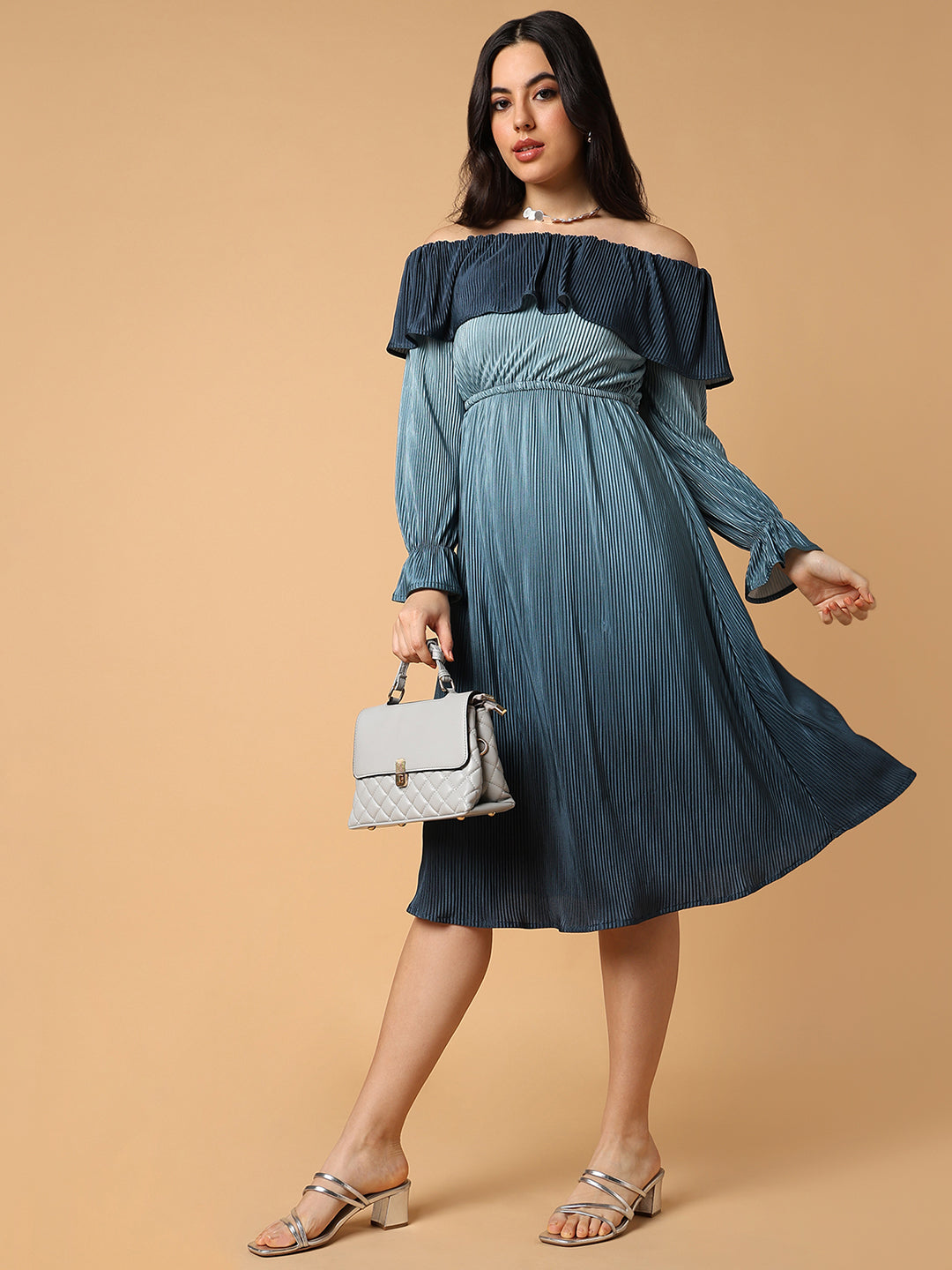 Women's Teal Off-Shoulder Accordion Pleats Satin Fit & Flare Midi Dress