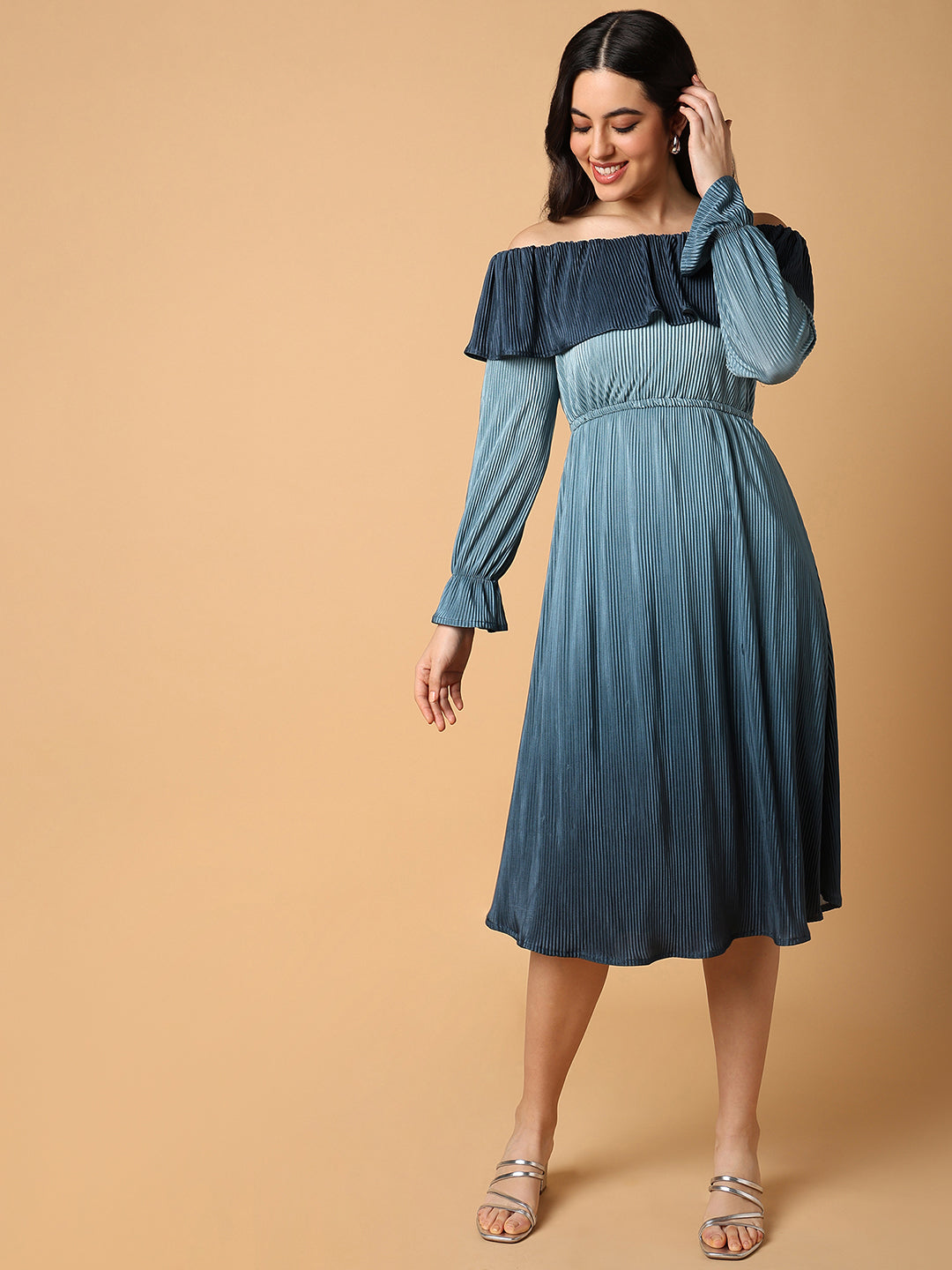 Women's Teal Off-Shoulder Accordion Pleats Satin Fit & Flare Midi Dress