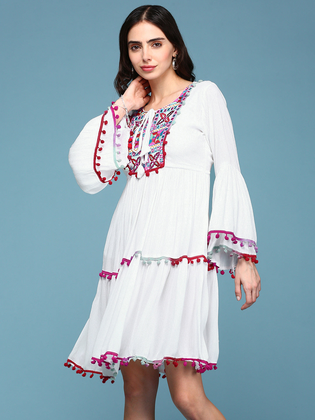 Women's White Embellished Embroidered Lace Cotton Fit & Flare Dress