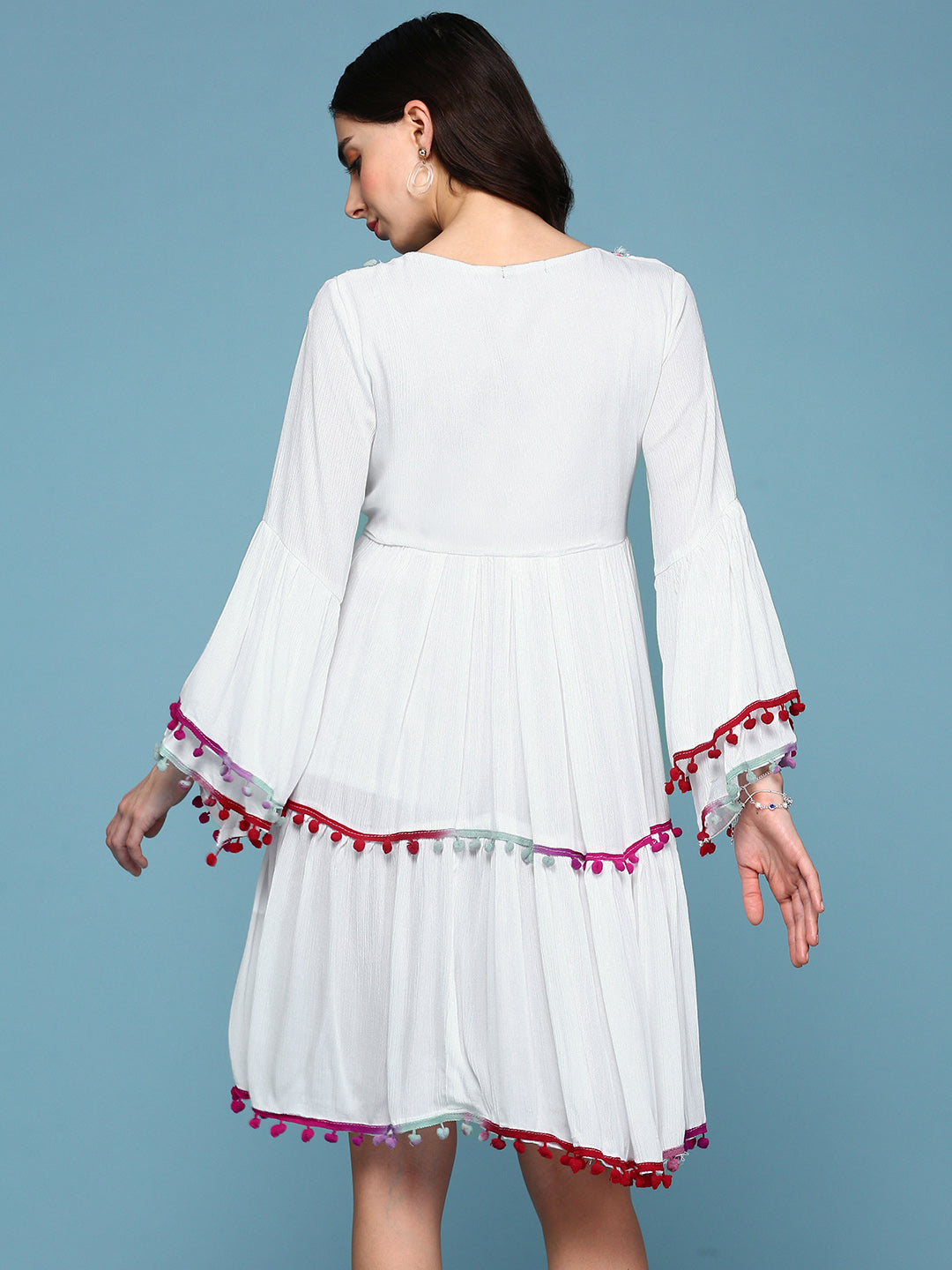 Women's White Embellished Embroidered Lace Cotton Fit & Flare Dress