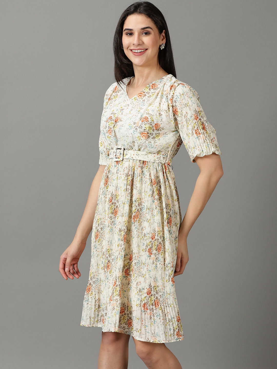 Women's Off White V-Neck Floral Printed Fit and Flare Dress With Belt