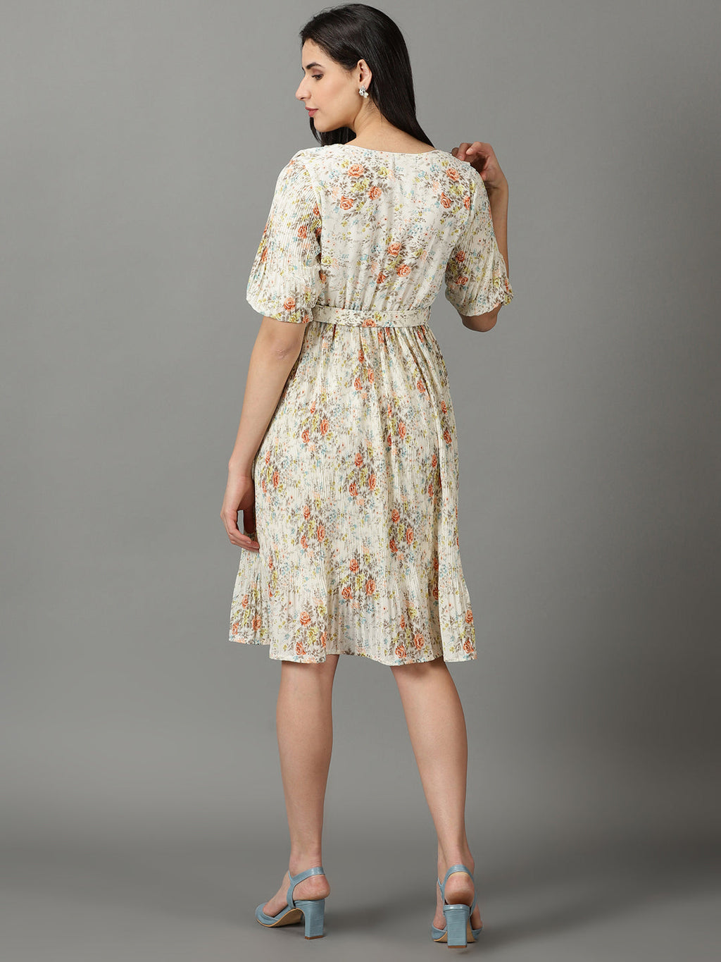 Women's Off White V-Neck Floral Printed Fit and Flare Dress With Belt
