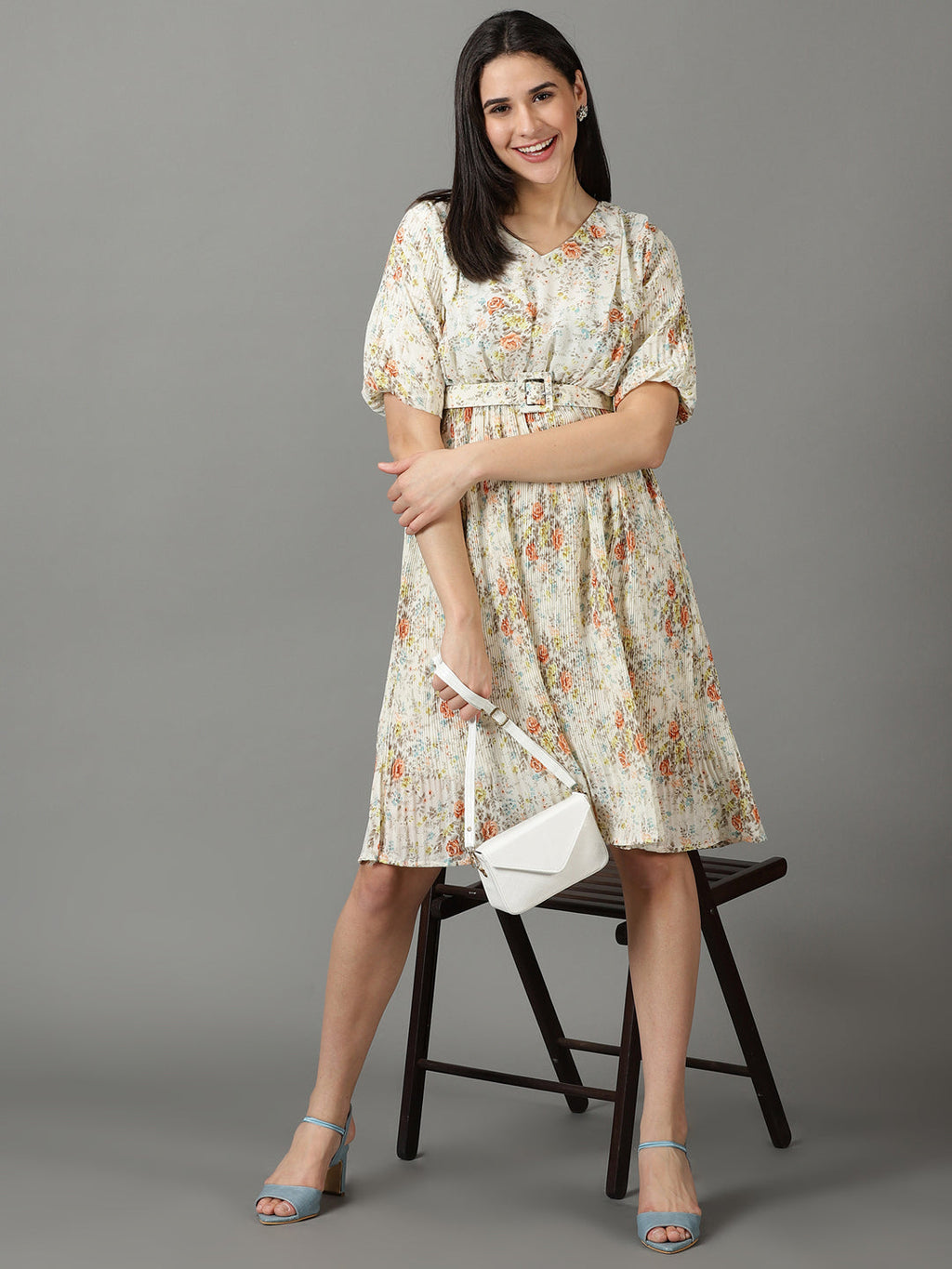 Women's Off White V-Neck Floral Printed Fit and Flare Dress With Belt