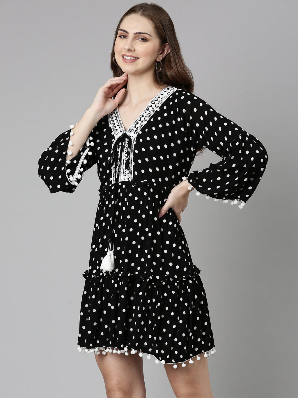 Women's Black Cotton Polka Dots Printed A-Line Dress