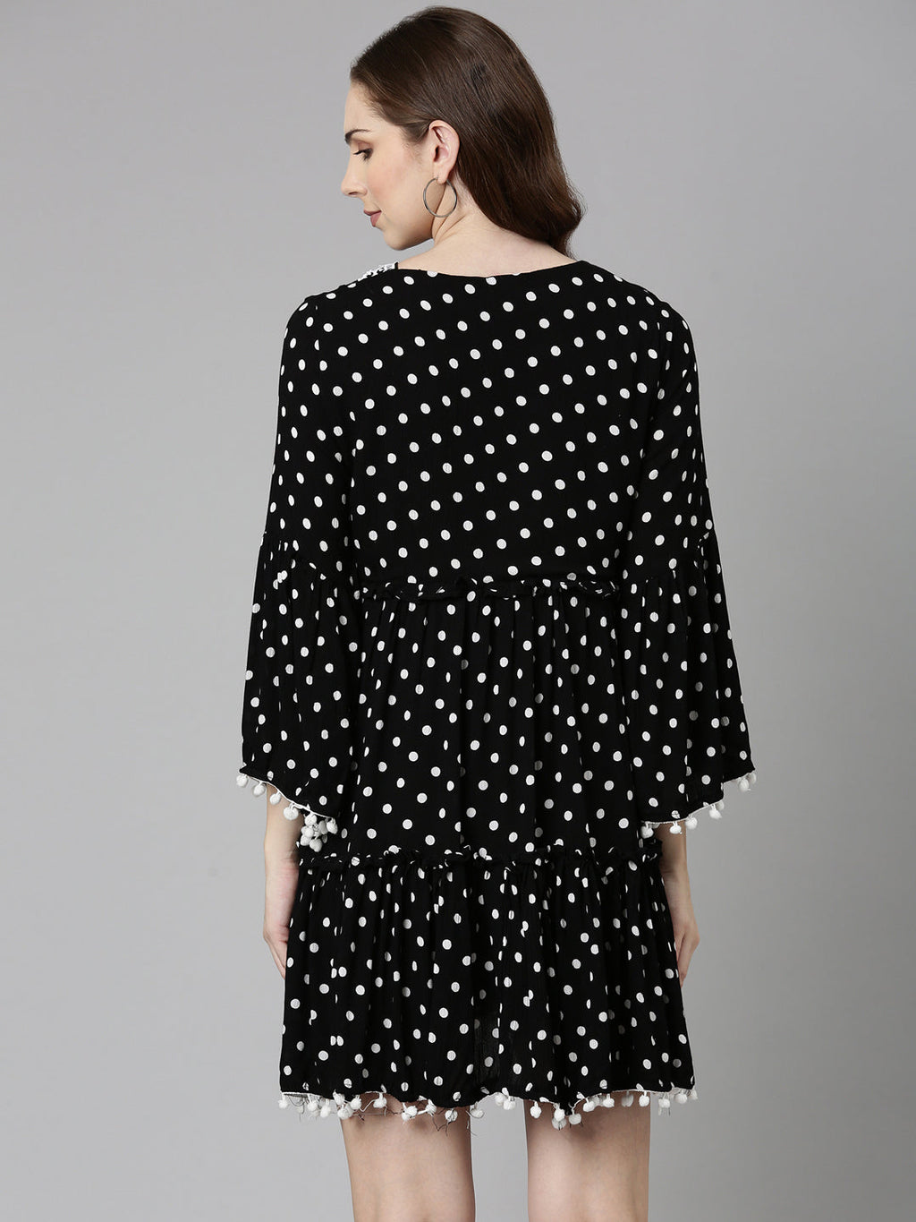 Women's Black Cotton Polka Dots Printed A-Line Dress