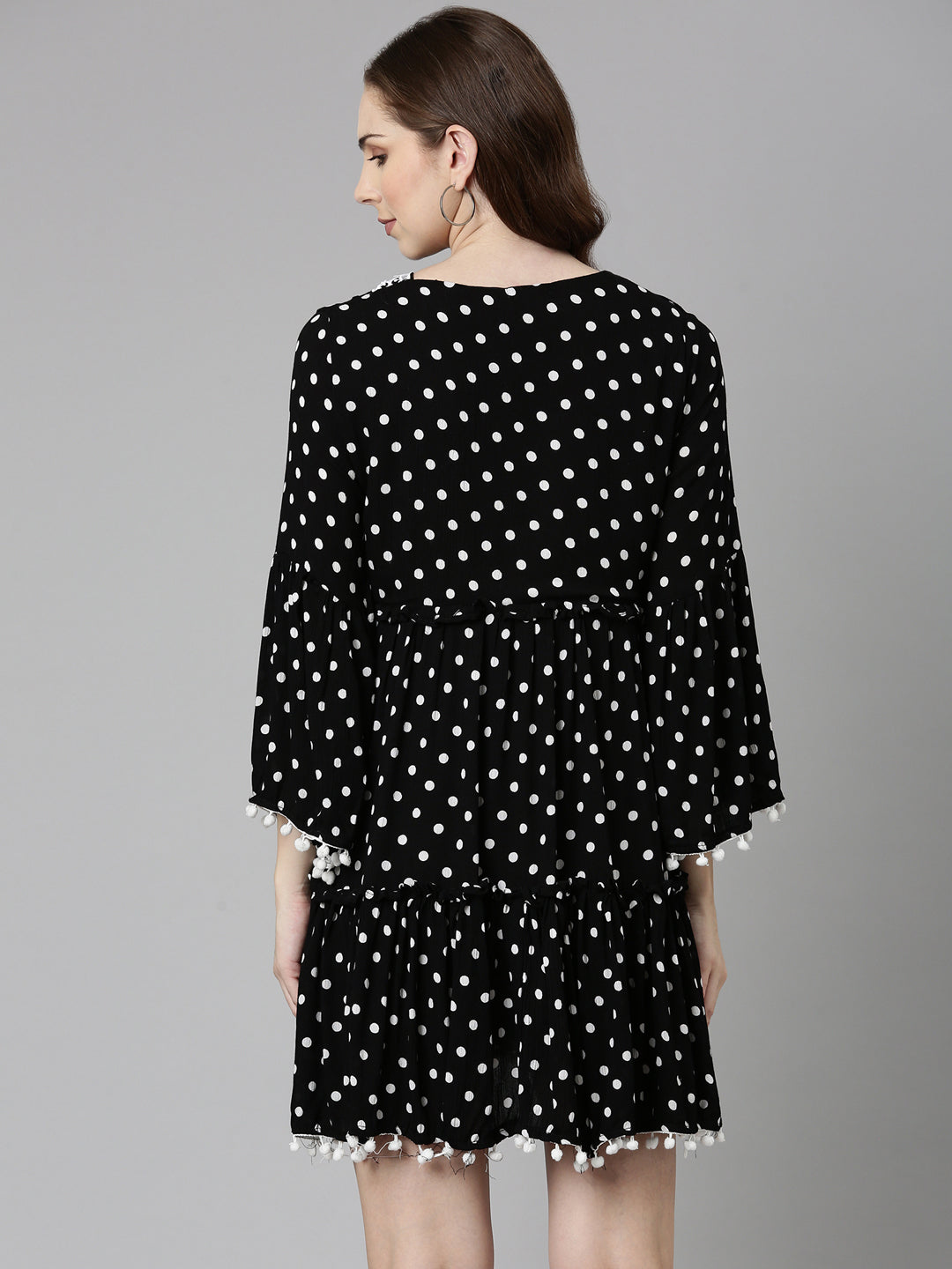 Women's Black Cotton Polka Dots Printed A-Line Dress