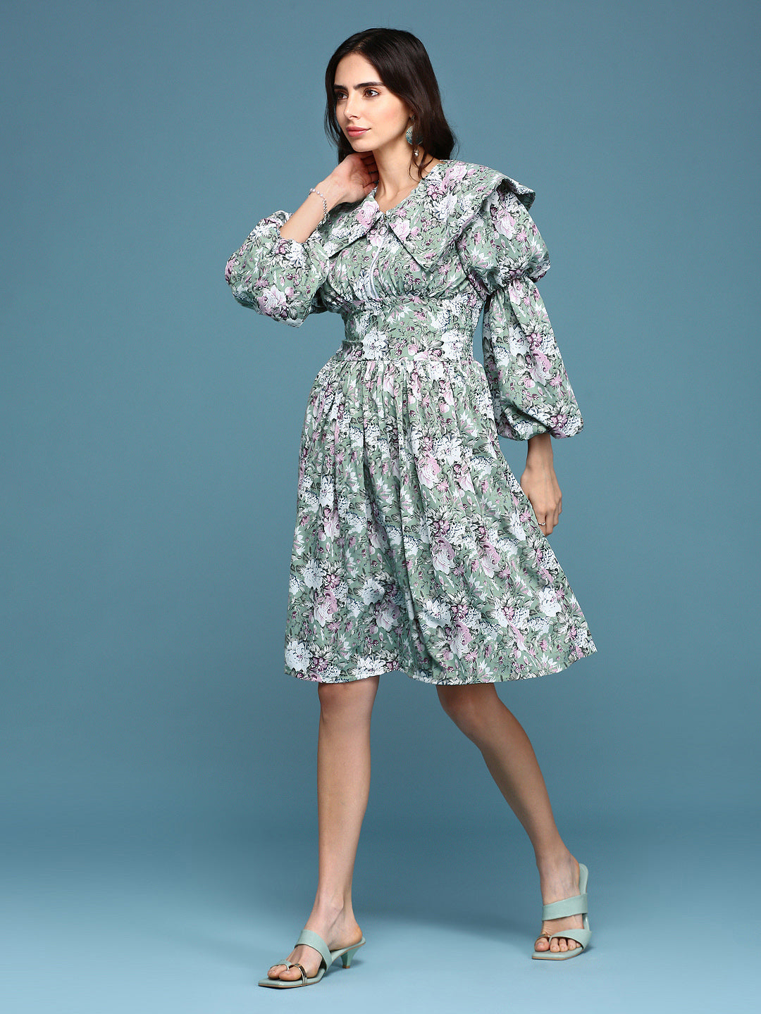 Women's Sea Green Floral Printed Puff Sleeves Gathered Fit & Flare Dress
