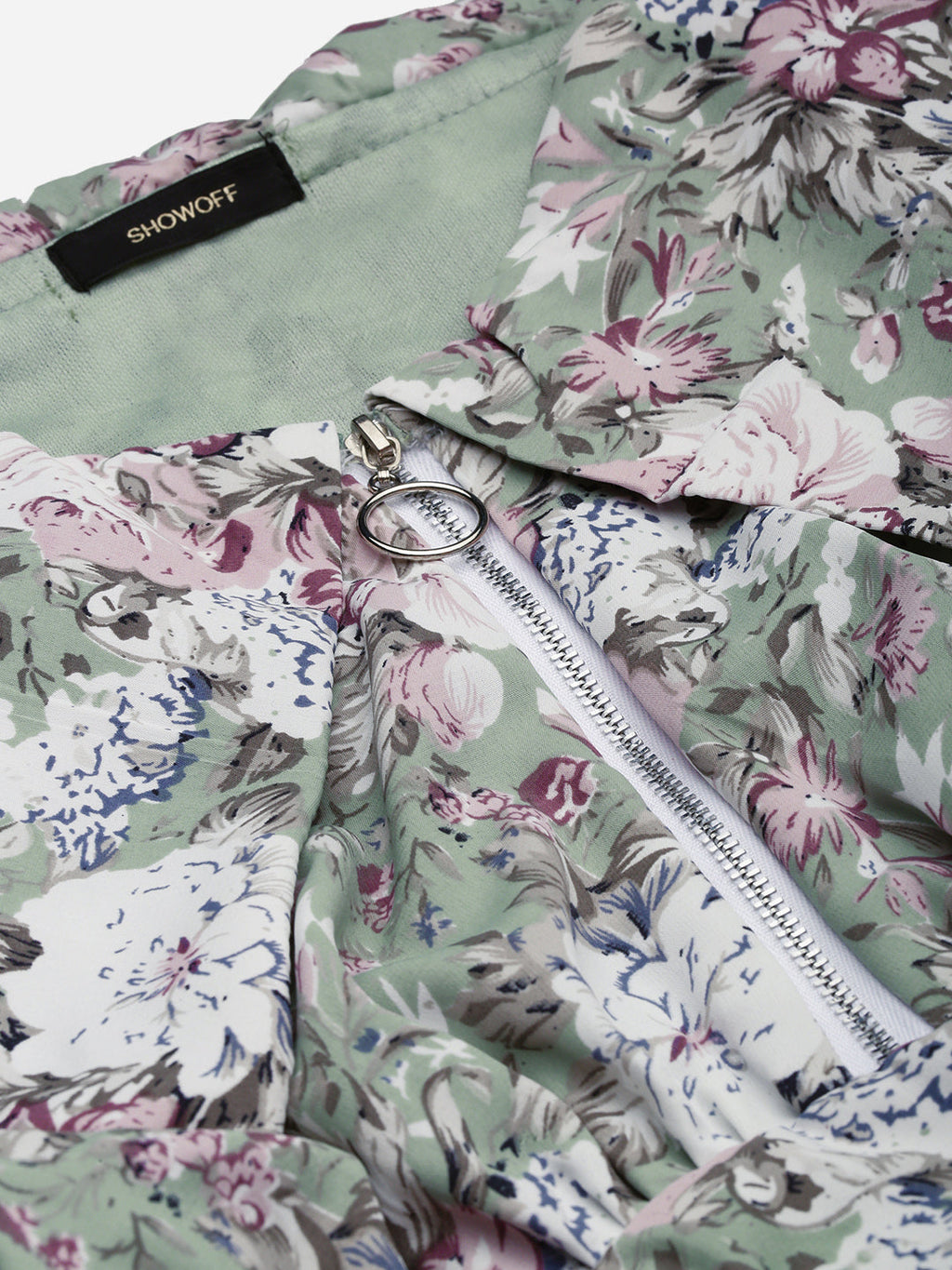 Women's Sea Green Floral Printed Puff Sleeves Gathered Fit & Flare Dress