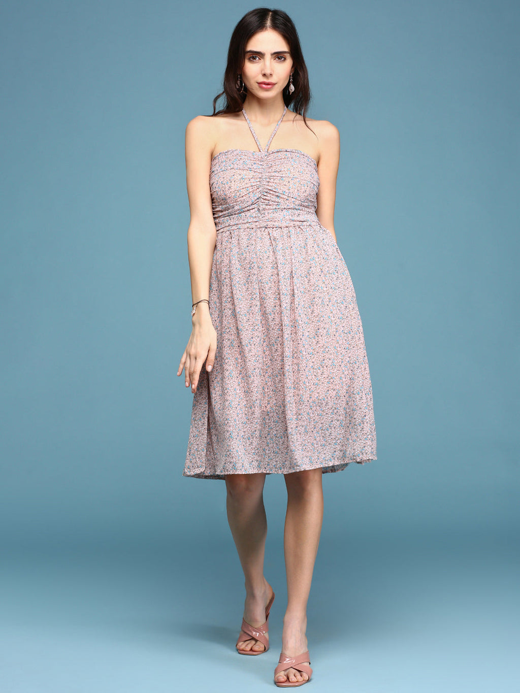 Women's Peach Floral Printed Gathered Ruched Fit & Flare Dress