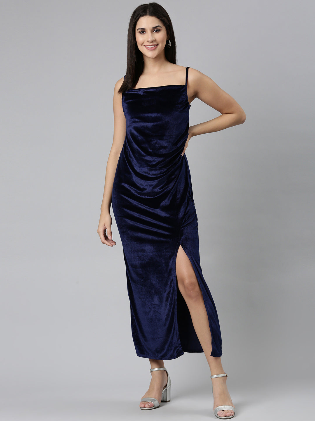 Women's Navy Blue Shoulder Strap Gown Dress