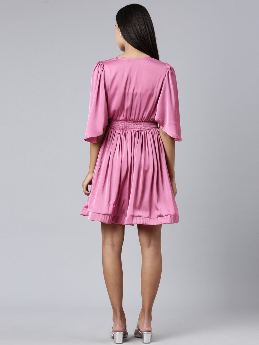 Women's Pink Puff Sleeve Satin Fit & Flare Midi Dress