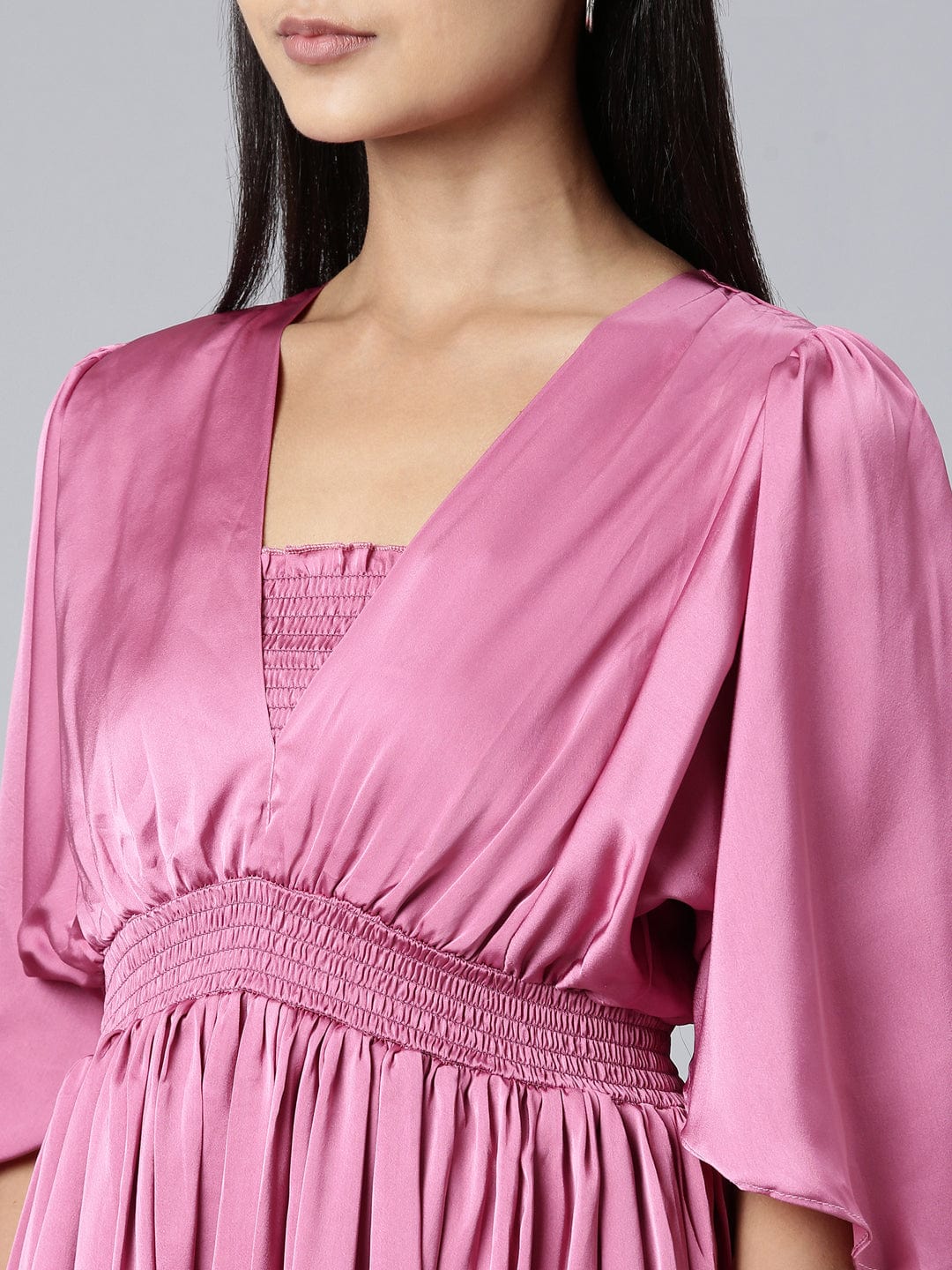 Women's Pink Puff Sleeve Satin Fit & Flare Midi Dress
