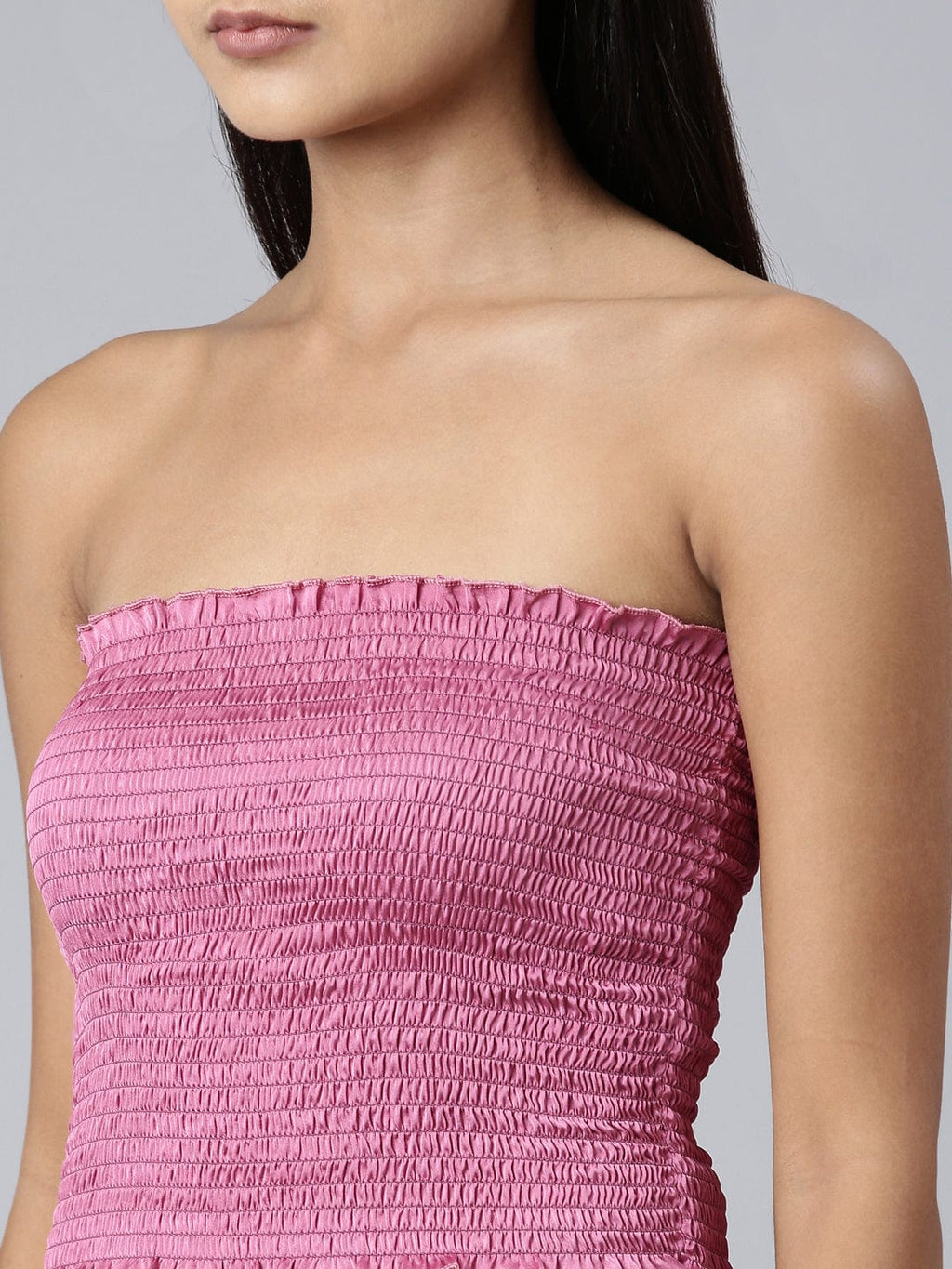 Women's Pink Puff Sleeve Satin Fit & Flare Midi Dress