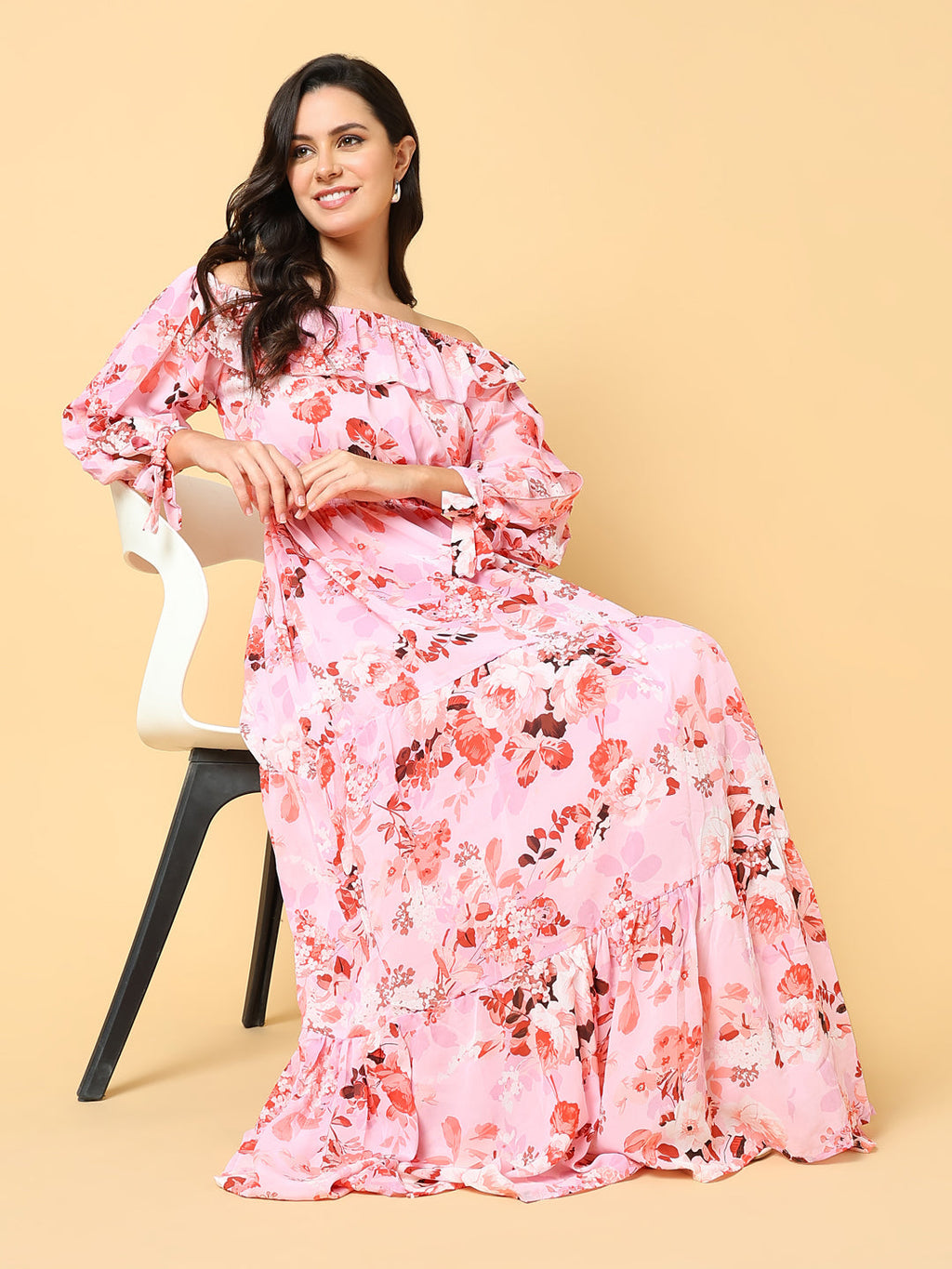 Women's Pink Floral Print Off-Shoulder Puff Sleeve Georgette Fit & Flare Maxi Dress